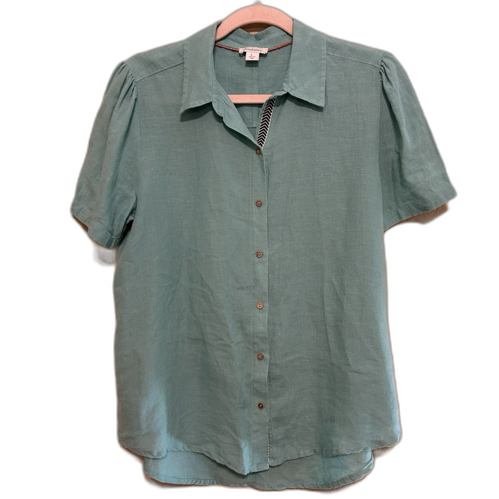 Sundance 100% Linen Button Up Short Sleeve Shirt Womens Small Green Coastal Boho